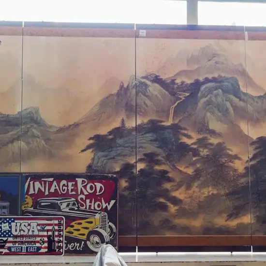  4 panel Asian foldaway screen with mountain watercolour - significant foxing H-920 W-1840 