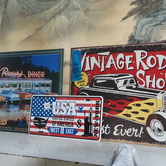3x prints on tin - American Hot Rods, USA number plate