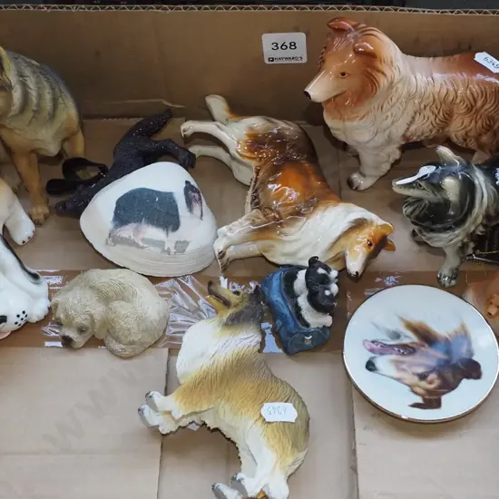 box; dog figurines, pin dish, shell