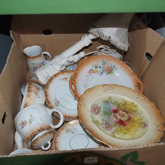 box; comport, dinner items, figural lamp base etc