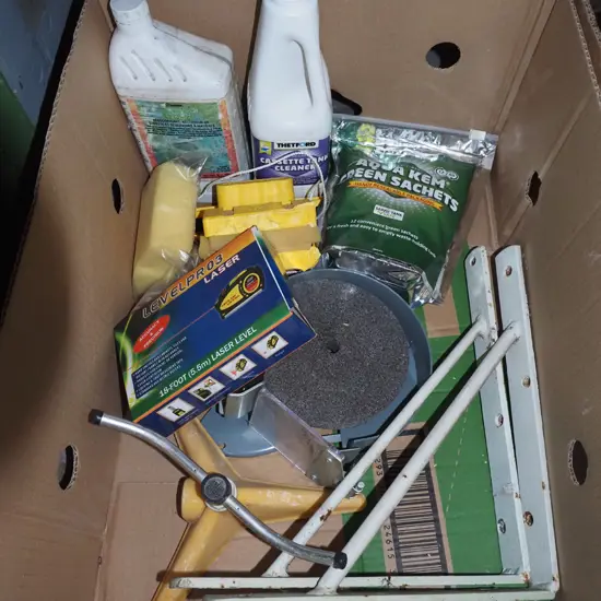 box; shelf brackets, lawn sprinkler, as new laser etc