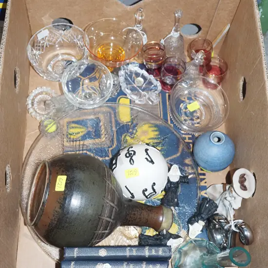 box; books, vases, pottery bottle, glassware etc