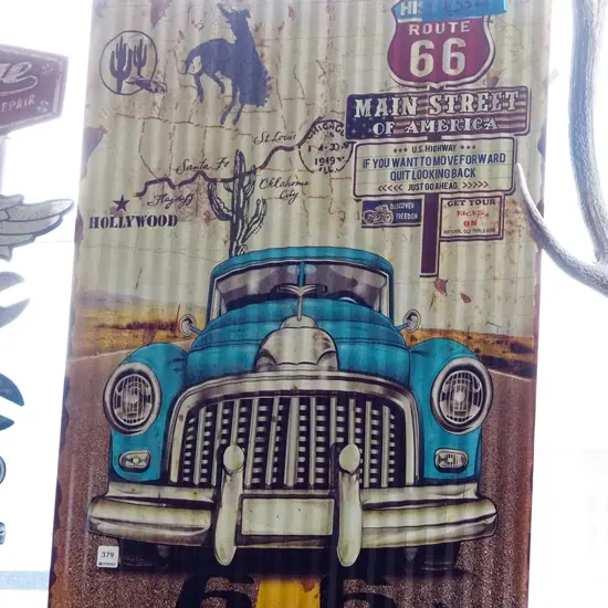 print on corrugated tin - classic car Route 66