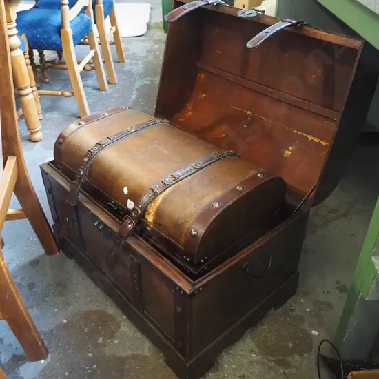 4x reproduction curved top leather, vinyl, wood matching storage chests - damage to1 strap