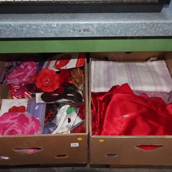 2x boxes; floral brooches, masks, fabric pieces - yellow dots