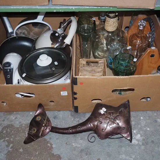 2 boxes; frying pan, rice cooker, glass bottles etc - red dots