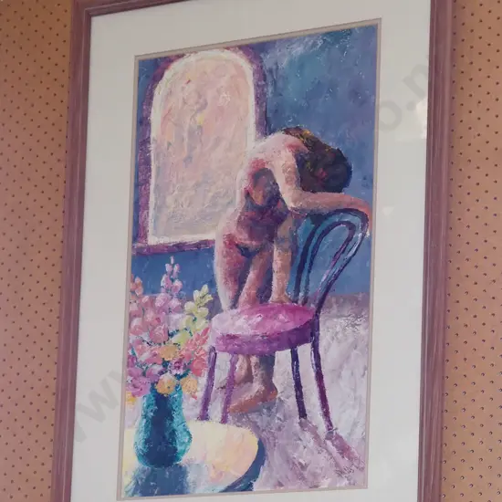 JK Weir framed acrylic - nude and bentwood chair