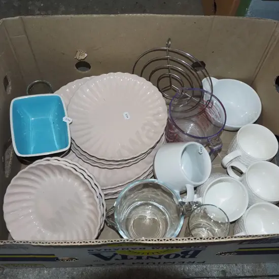 box; Anko pink bowls, coffee cups etc