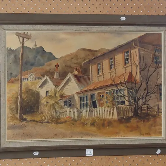 Kerry Walsh - framed watercolour - buildings - foxing and marks