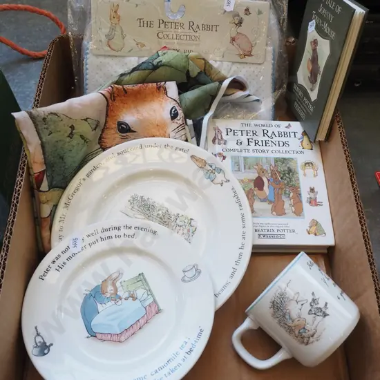 box; Peter Rabbit books, fabric, bib, plates, cup