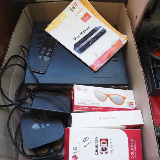box; satellite box, apple TV, 3D glasses