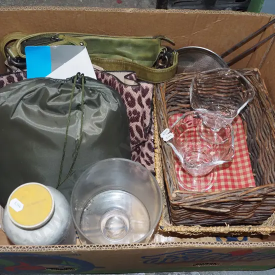 box; mosquito net, hand bags, baskets, glass vases etc