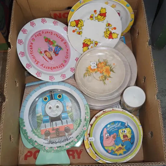 box; childrens plates, bowls, Duraware plastic plates