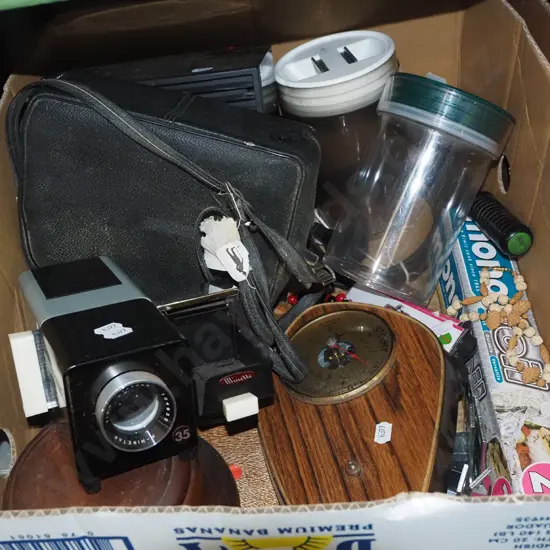 box; slide projector, fan heater, storage canisters etc