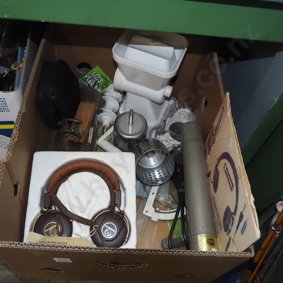 box; desk top slicer, mincer, small tubular heater, 1970s headphones