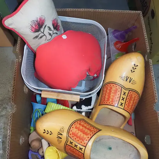 box; wooden clogs, toys, pillows, metal basket etc