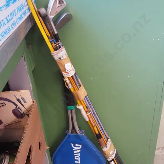 golf clubs, tennis racket, rods etc