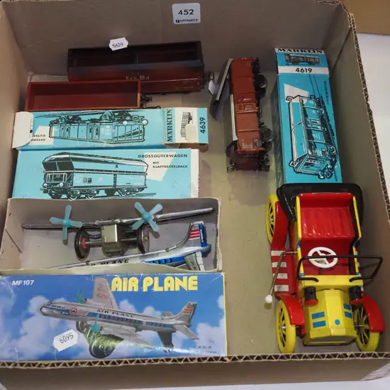 model tin clockwork plane, plastic model railway carriages, clockwork tin vintage car