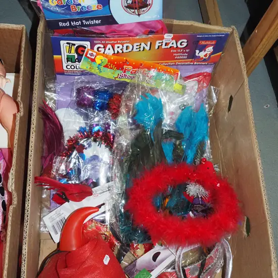 box; masks, garden flags, party time hats etc