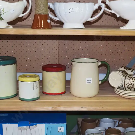 vintage Cadbury tins, enamel jug,  4x Crown Lyn cups and saucers