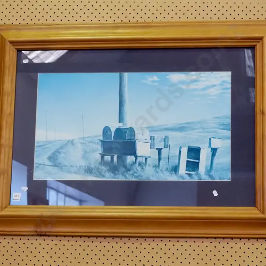 faded framed Grahame Sydney poster print - letterboxes