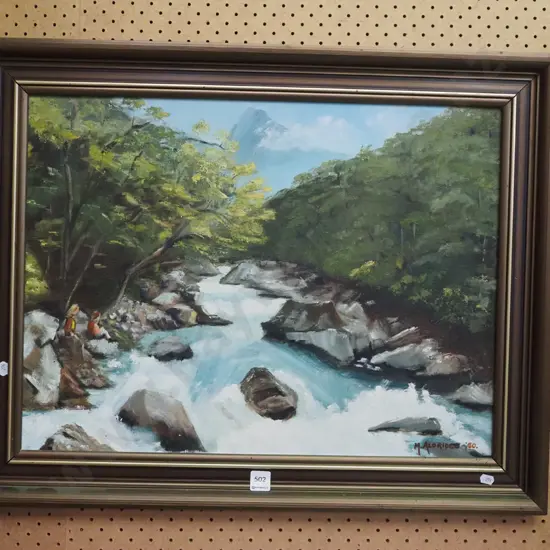 M Aldridge '80 - oil on board - children by stream