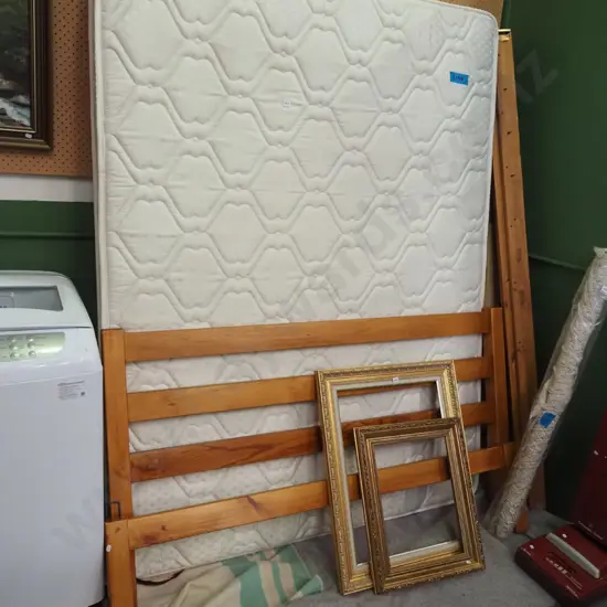 queen slat bed base, mattress, pine end boards