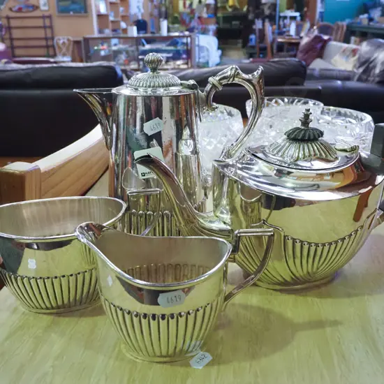 silver plated teapot, coffee pot, sugar and creamer