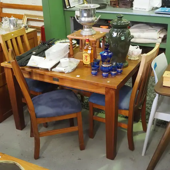 solid pine dining table - tidy condition with 4 blue upholstered chairs H-760 W-1200 D-800