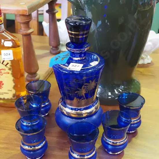 cobalt and gold decanter with 6 matching glasses - chip to rim
