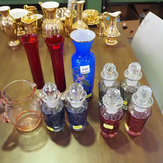 ruby glass vases, pink jug, coloured cut glass scent bottles etc