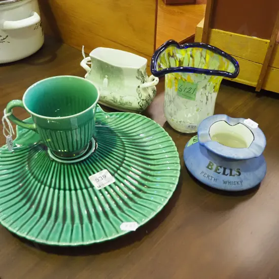 Wedgwood tennis set, Bells ashtray, glass vase, Doulton double handled vase