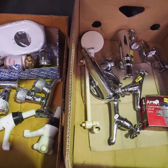 box; plumbers supplies, taps, valve etc