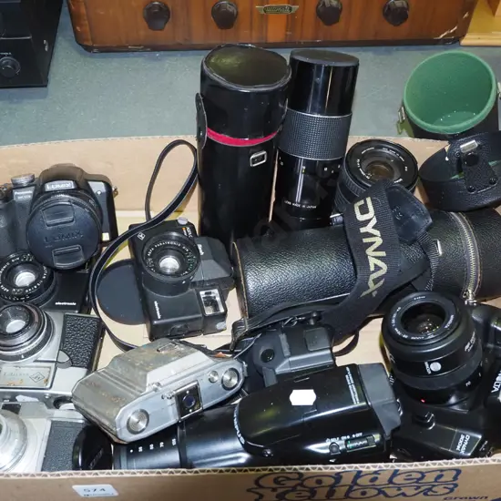 box; assorted 35mm cameras, additional lenses