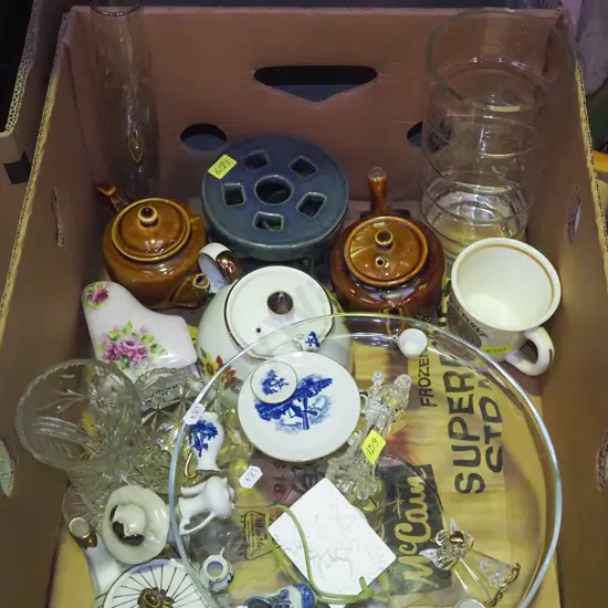 glass cake stand, teapot, vases etc