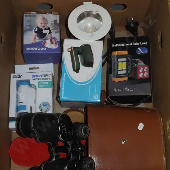 box; binoculars, microscopes, mini iron etc