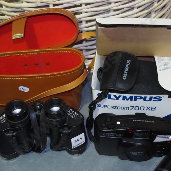 Uniscope cased 8x30 binoculars, Olympus 235mm camera
