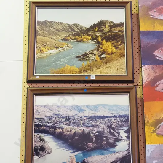 2x framed photographic  prints - Cromwell, Clutha River before Lake Dunstan - blue dots