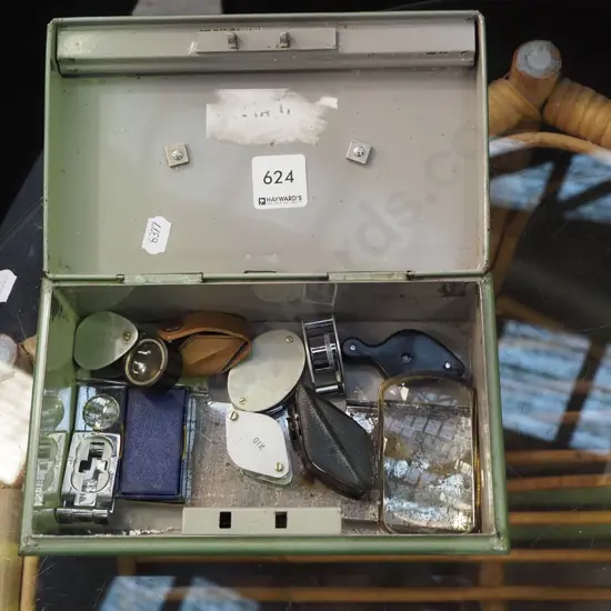 box; cash box, magnifying glasses