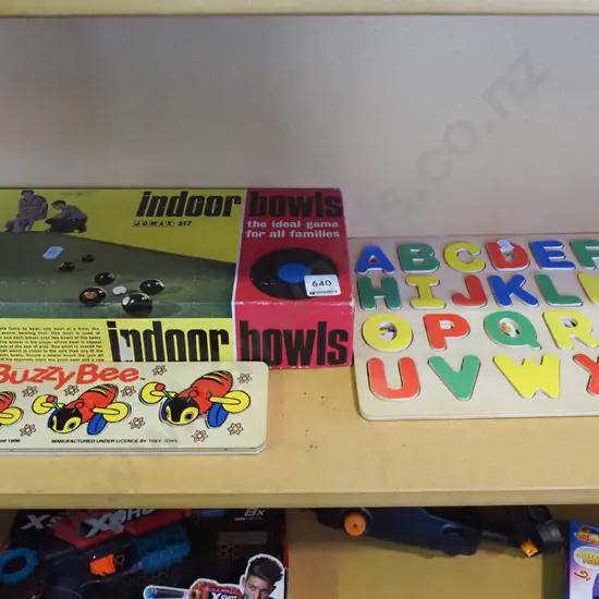 indoor bowl set, buzzy toy etc