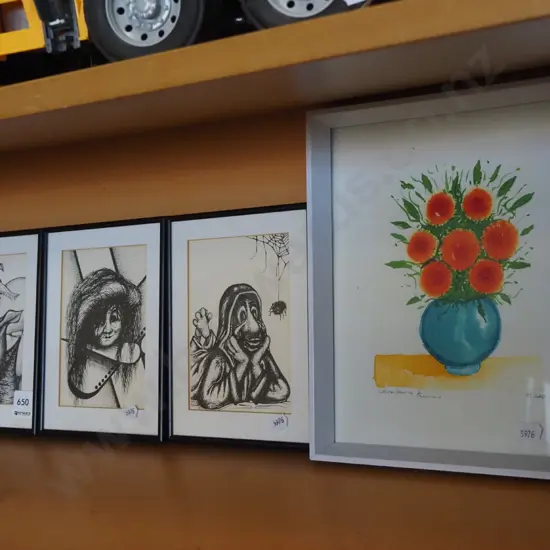 3x small framed prints, framed watercolour - still life flowers