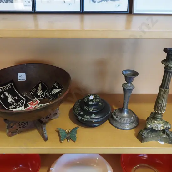 candlesticks, wooden trinket box, Asian bowl on stand, stamps, badges, brass buttrfly