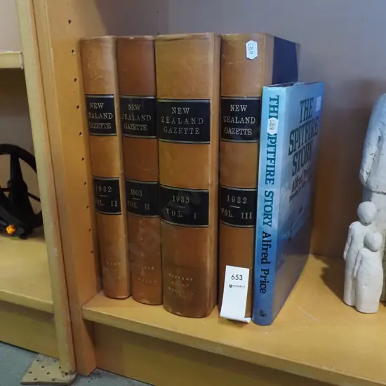 4 leather bound volumes 1932 and 33 NZ Gazettes and a book - The Spitfire Story
