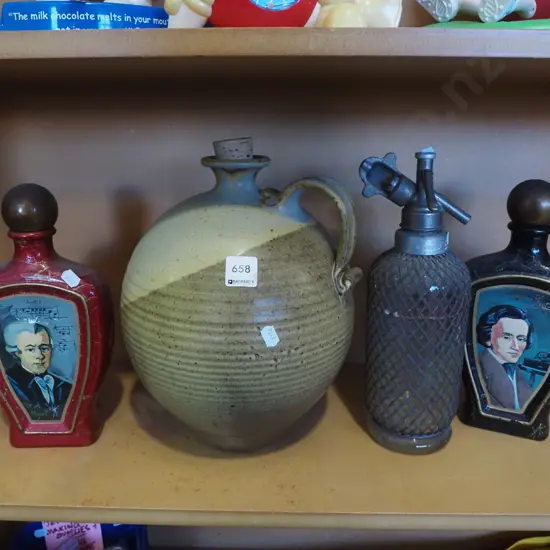 2x composer decanters, soda syphon, pottery jug H-300