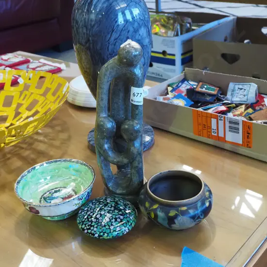 carved stone and child figurine H-260, small Maling thumb print bowl, paperweight