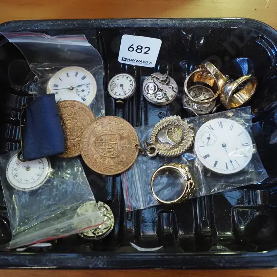 black tray; rings, medals, part watches