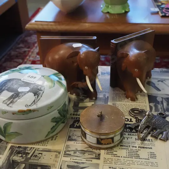 elephant themed bookends (missing 1 tusk), trinket box, lidded canister coat hook