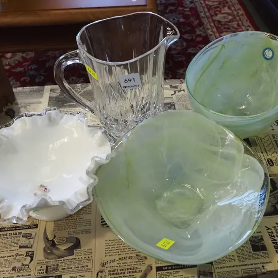 footed glass comport, 2x bowls, water jug