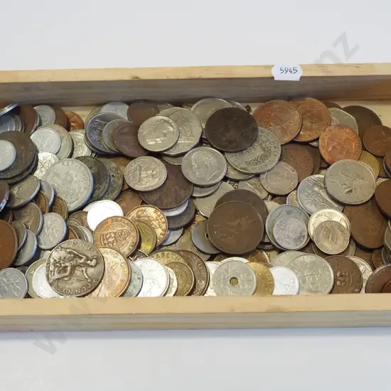 wooden tray of coins