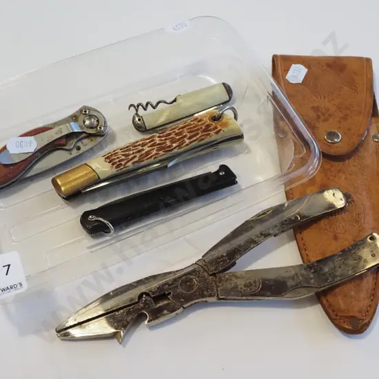 box; pocket knives, pliers in leather sheath